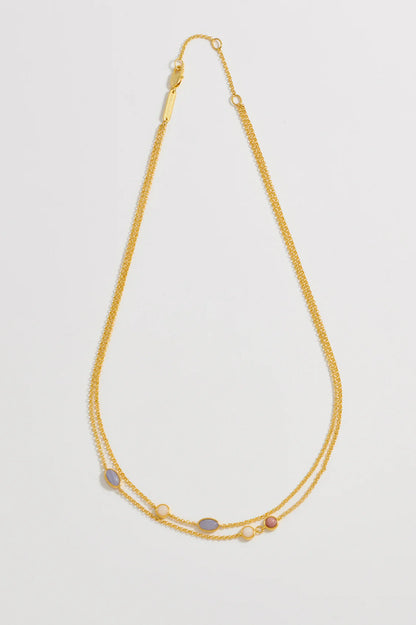 Multi Gemstone Double Chain Necklace Gold Plated