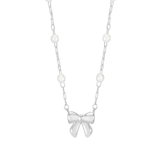 Pearl and Bow Chain Necklace Silver Plated