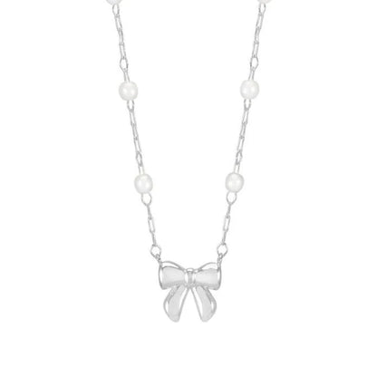 Pearl and Bow Chain Necklace Silver Plated