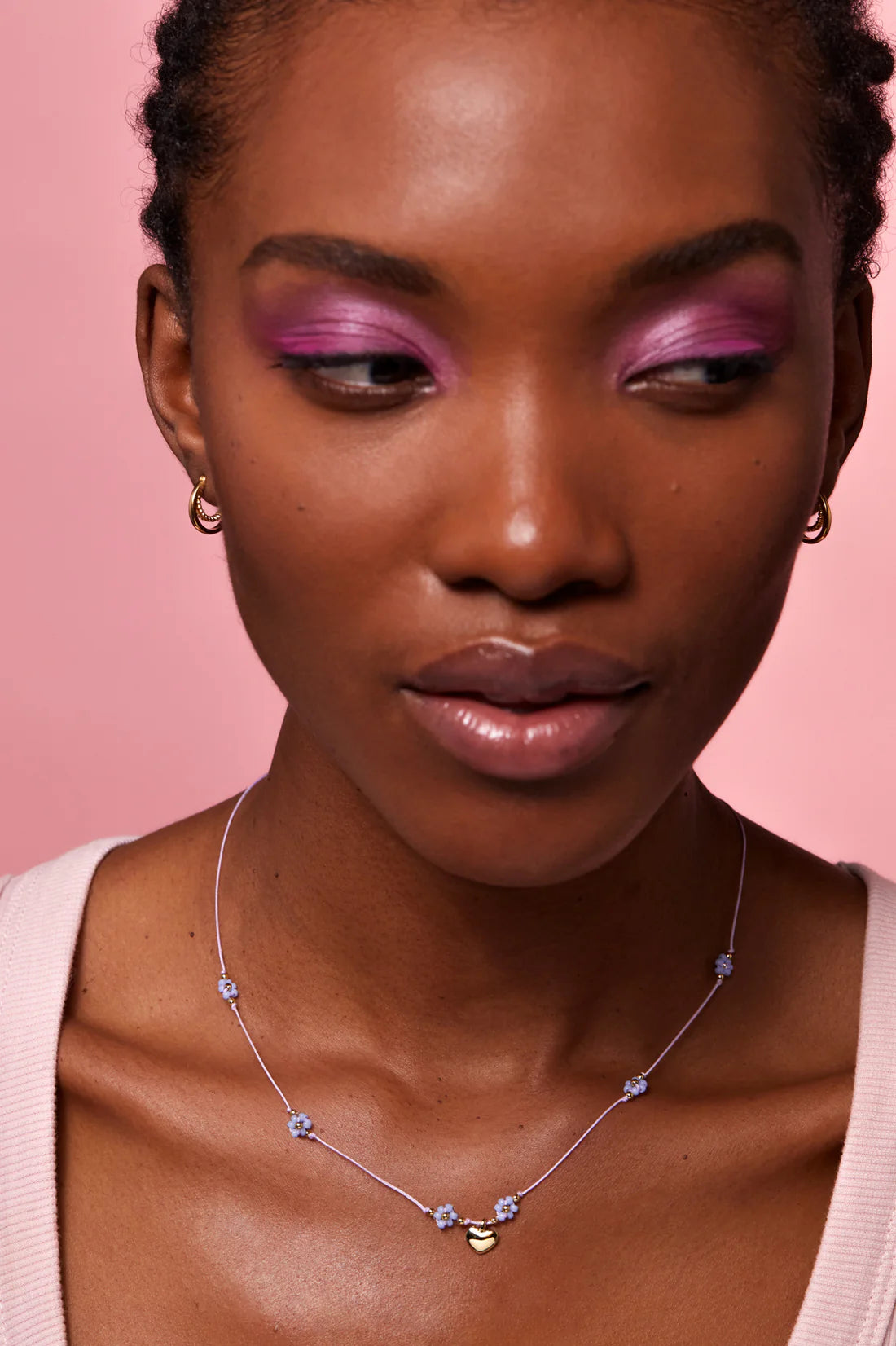 Heart And Blue Flower Miyuki Necklace - Gold Plated