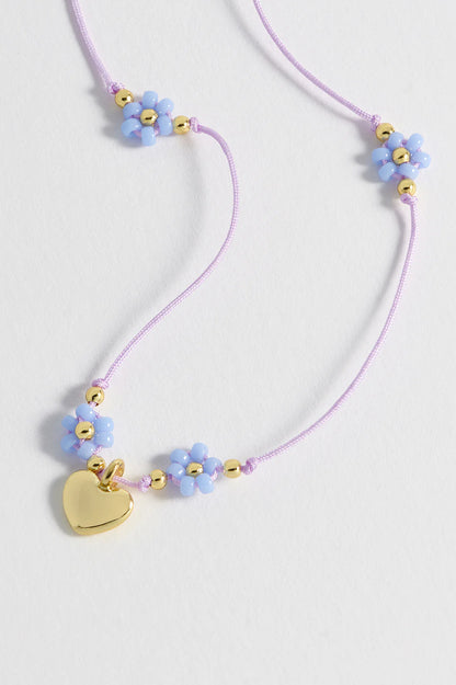 Heart And Blue Flower Miyuki Necklace - Gold Plated