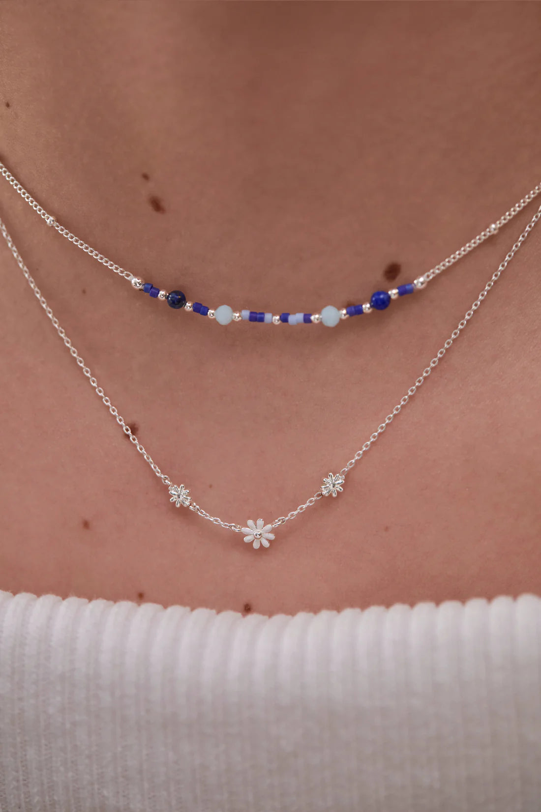Triple Flower White Enamel Necklace
