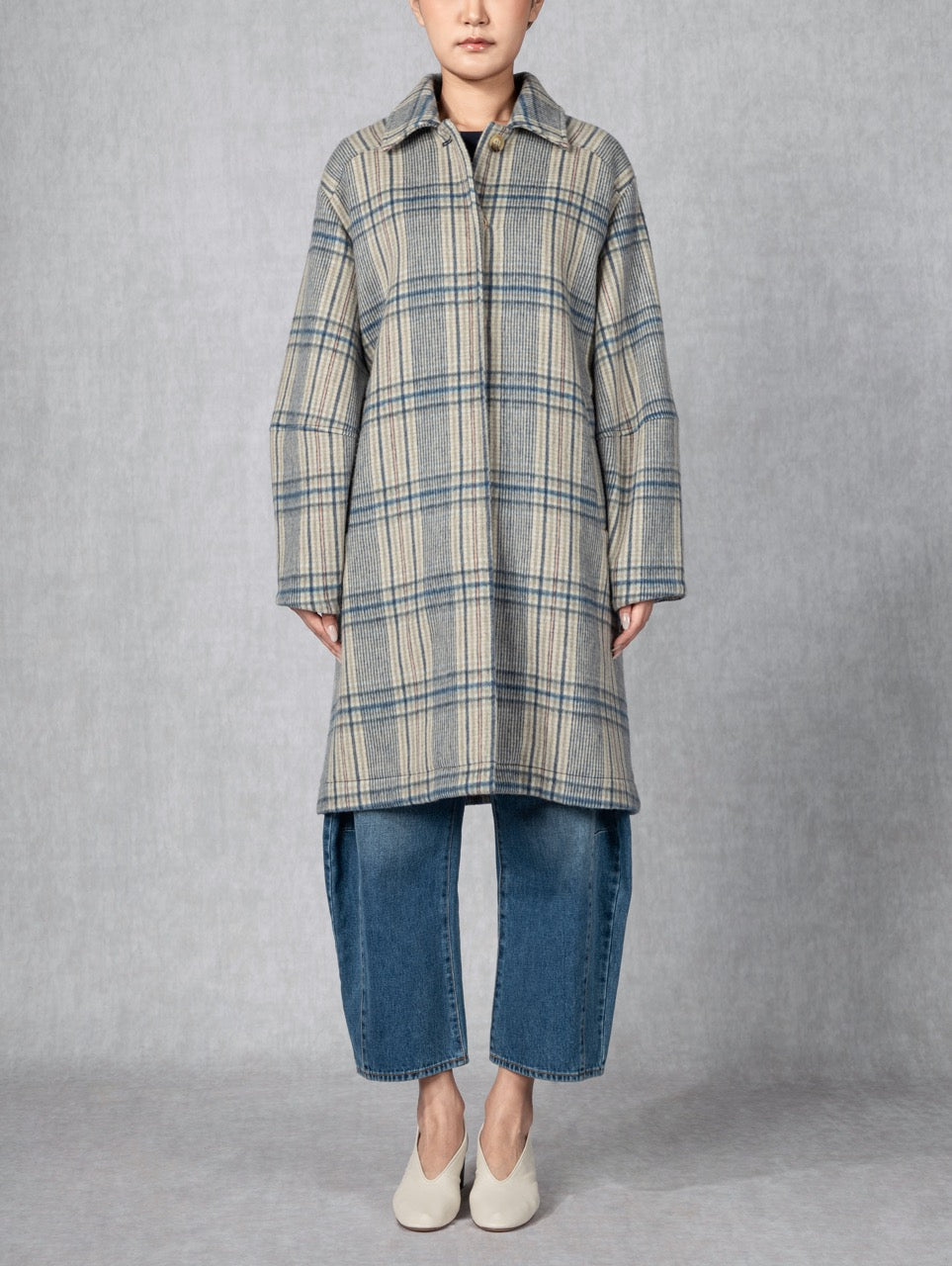 Balloon Woollen Coat Khaki Blue Checks