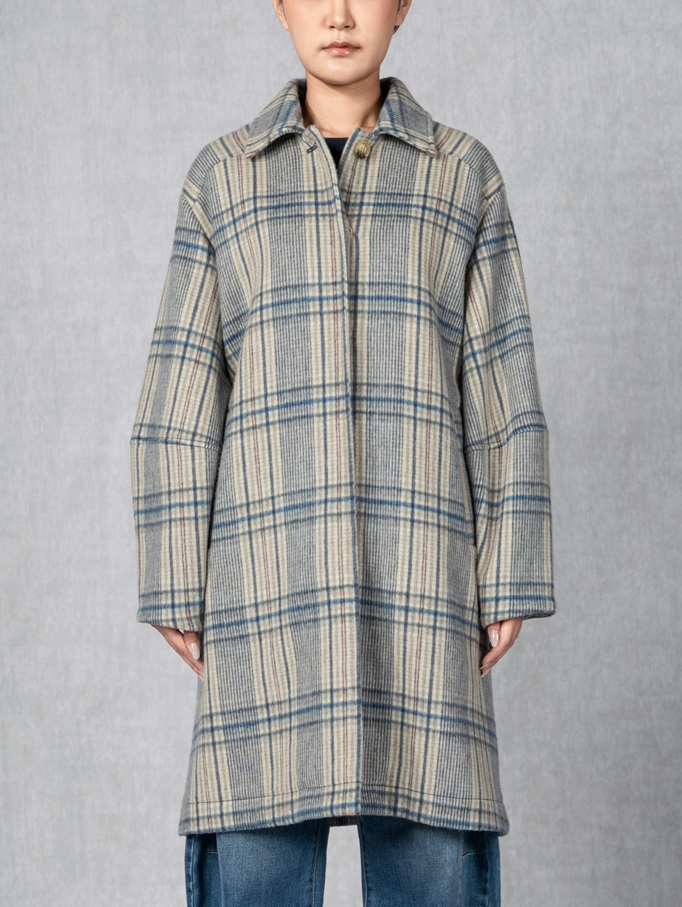 Balloon Woollen Coat Khaki Blue Checks