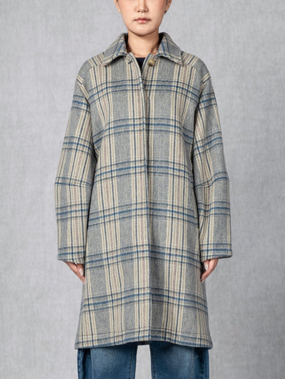 Balloon Woollen Coat Khaki Blue Checks