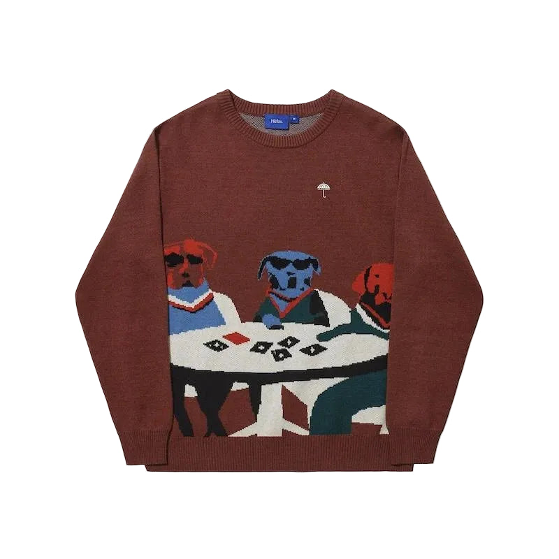 Poker Dogs Crewneck Knit Brown