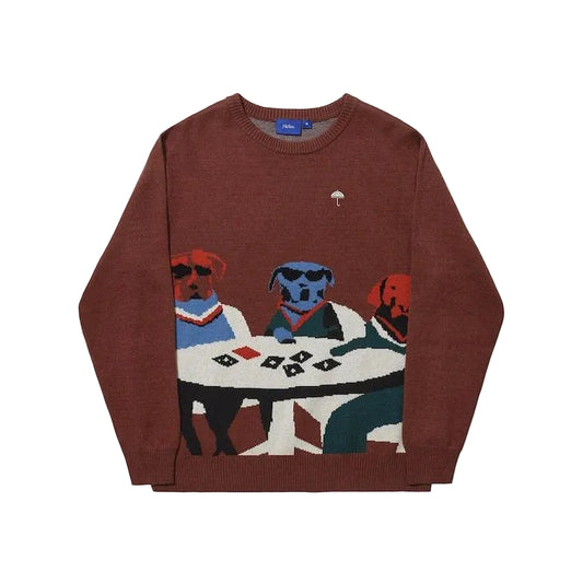 Poker Dogs Crewneck Knit Brown