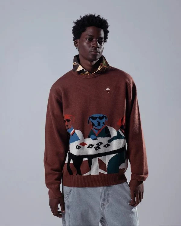 Poker Dogs Crewneck Knit Brown