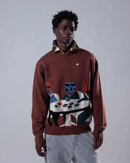 Poker Dogs Crewneck Knit Brown