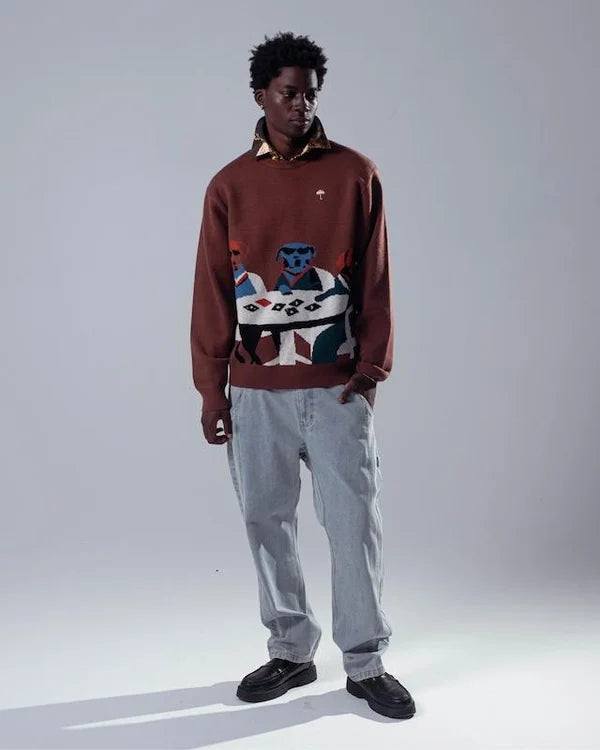 Poker Dogs Crewneck Knit Brown