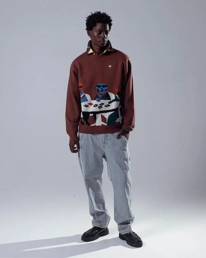 Poker Dogs Crewneck Knit Brown
