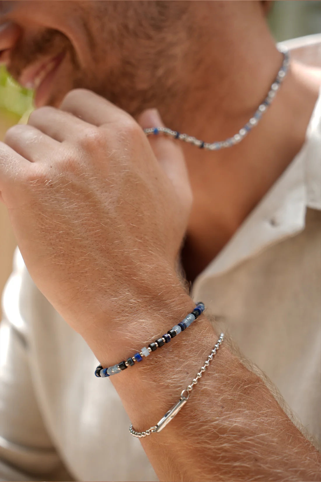 Lapis Lazuli, Blue Lace Agate and Black Onyx Rondelle Stretch Bracelet