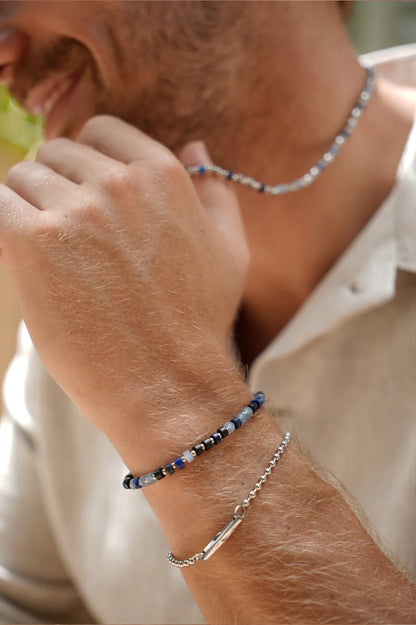 Lapis Lazuli, Blue Lace Agate and Black Onyx Rondelle Stretch Bracelet