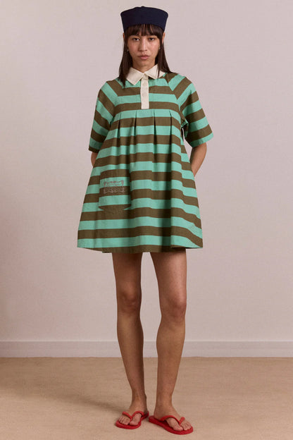 Maggie Mini Polo Dress-Aqua Olive Stripe