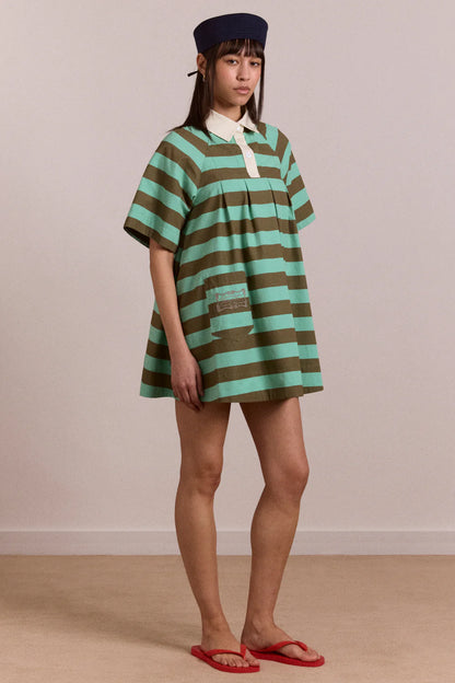 Maggie Mini Polo Dress-Aqua Olive Stripe