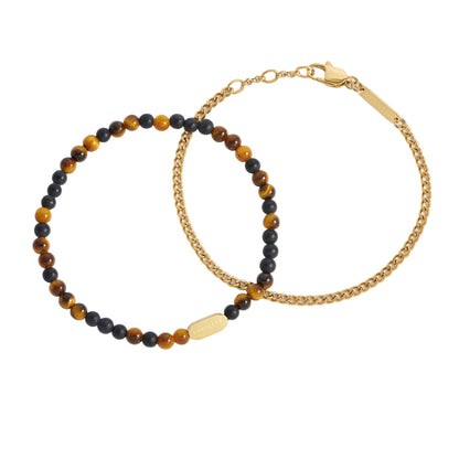 Matt Black Onyx And Tigers Eye Duo Bracelet Set