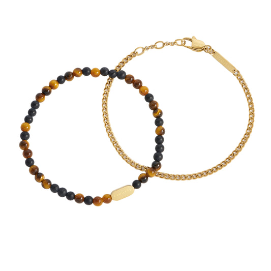 Matt Black Onyx And Tigers Eye Duo Bracelet Set