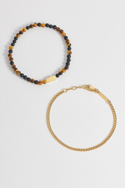 Matt Black Onyx And Tigers Eye Duo Bracelet Set