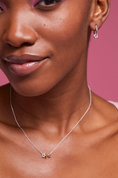 Multi Flower Bead Necklace - Silver Chain