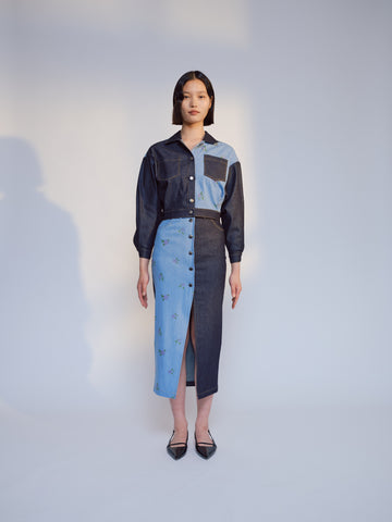 Odette 2 Colour Denim Skirt Combined Raw and Printed Denim