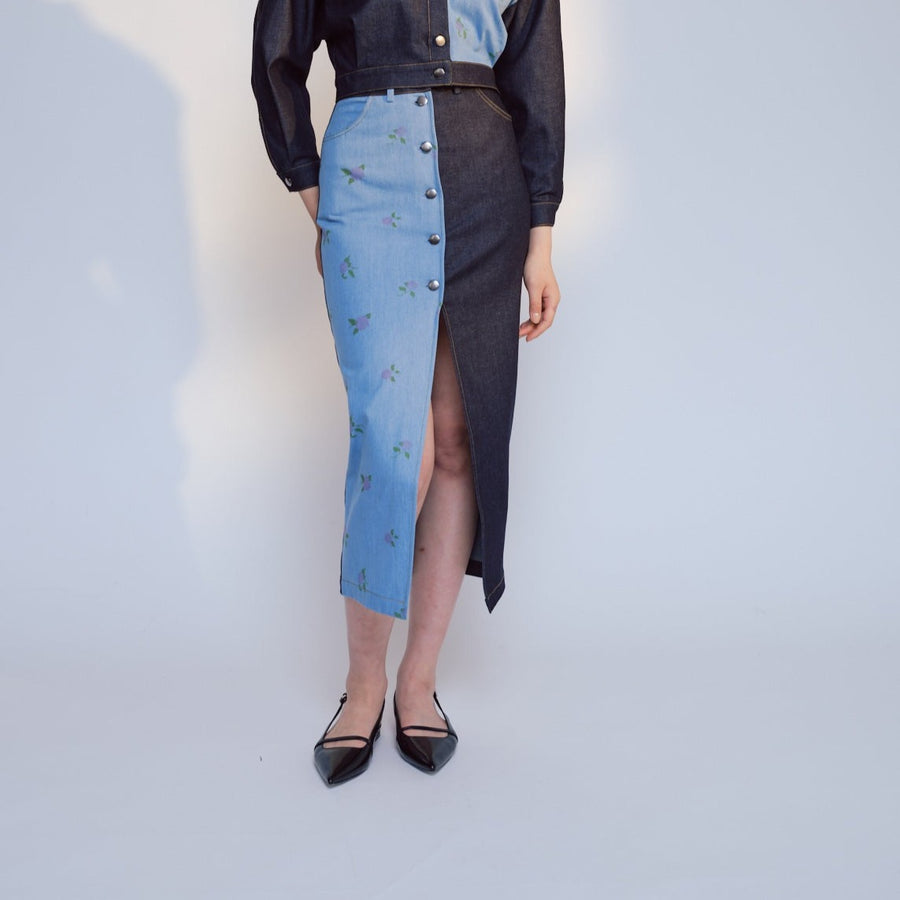 Odette 2 Colour Denim Skirt Combined Raw and Printed Denim