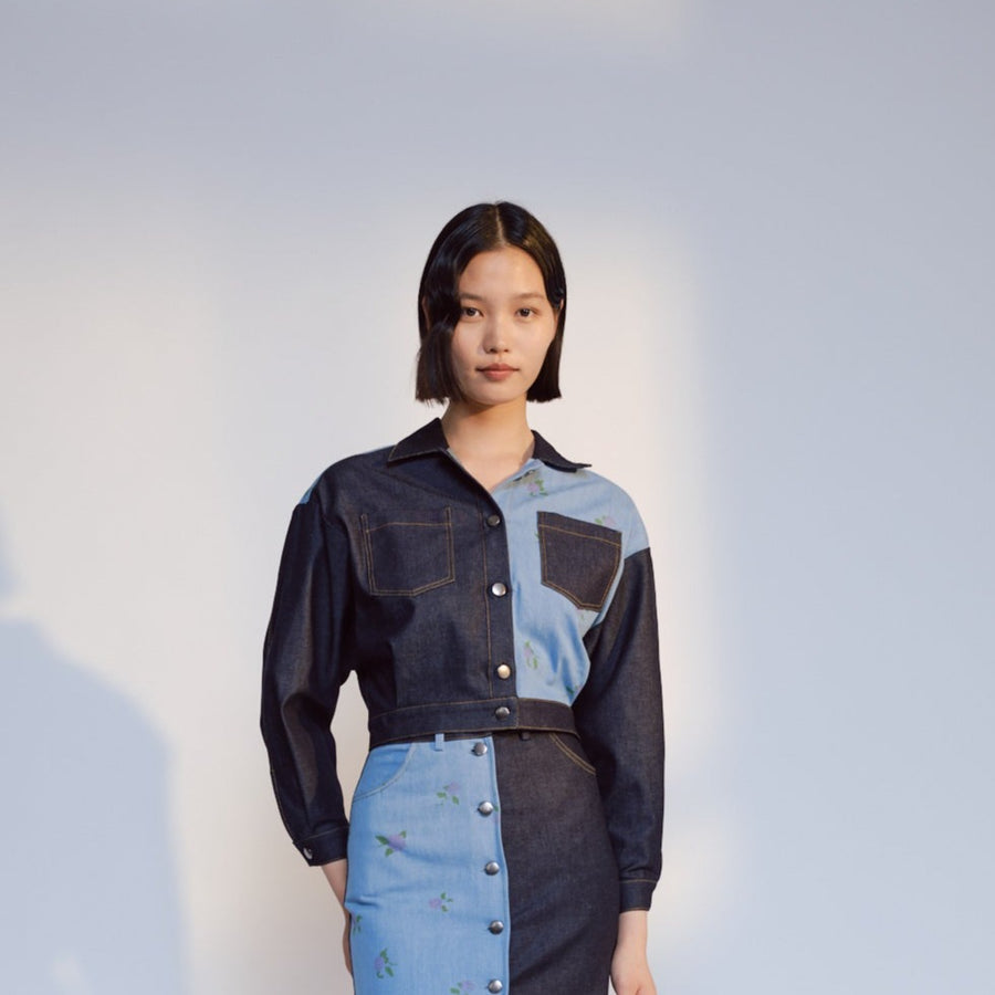 Inma 2 Colour Denim Jacket Combined Raw and Printed Denim