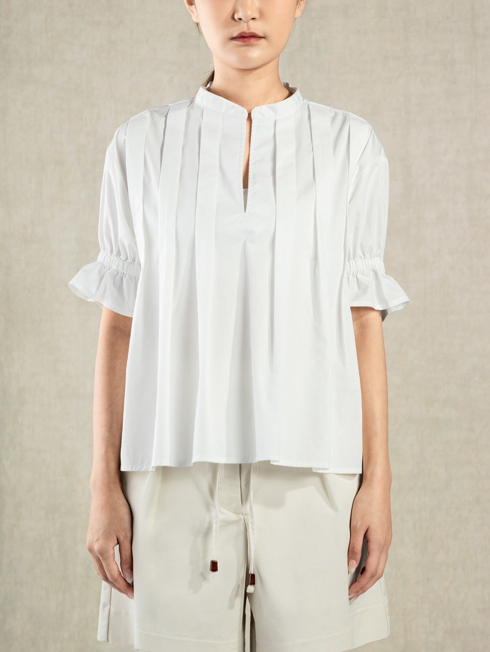 Pleated V-neck SS Blouse Pure White