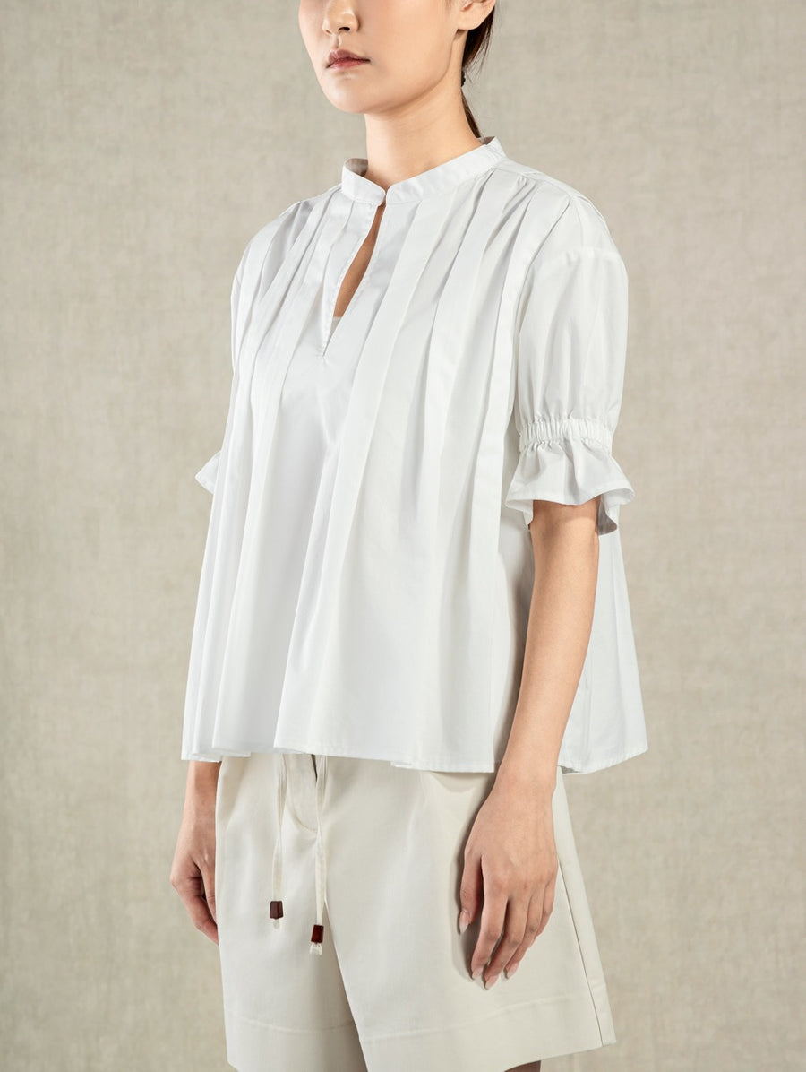 Pleated V-neck SS Blouse Pure White