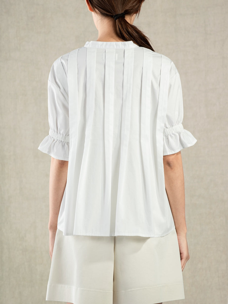 Pleated V-neck SS Blouse Pure White