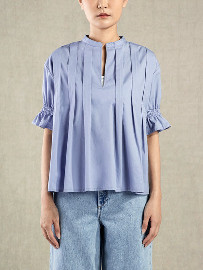 Pleated V-neck SS Blouse Light Blue