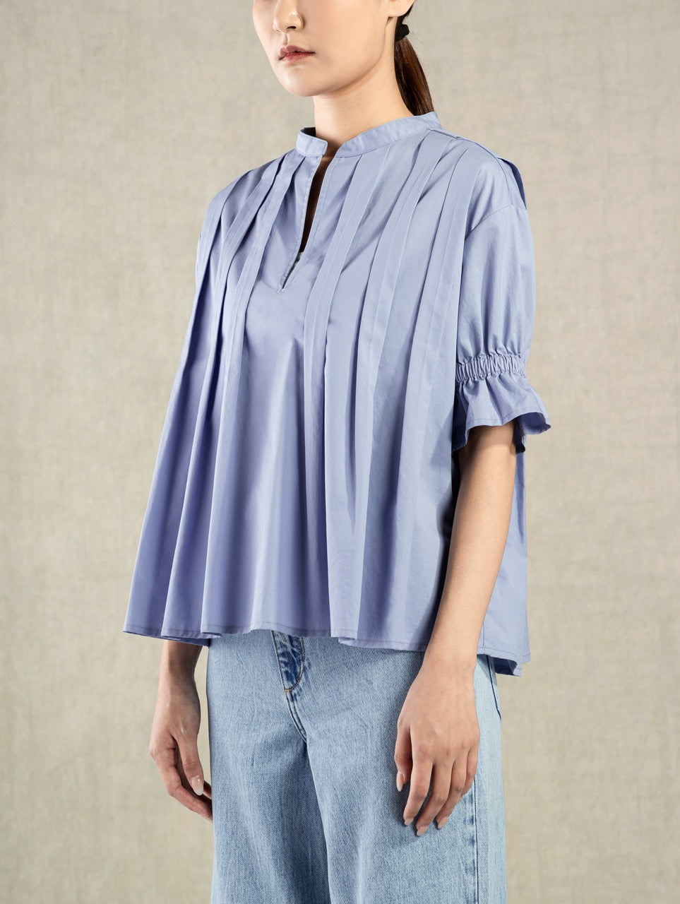 Pleated V-neck SS Blouse Light Blue