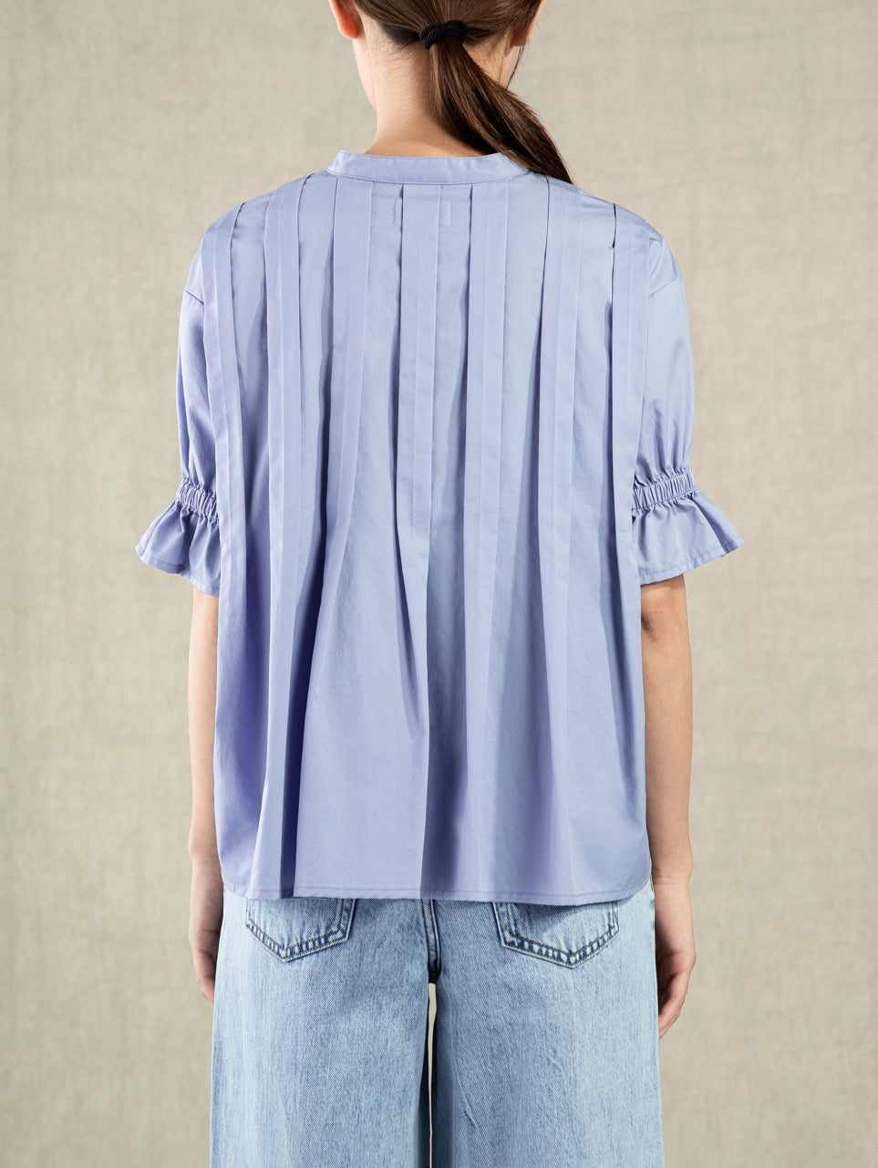 Pleated V-neck SS Blouse Light Blue