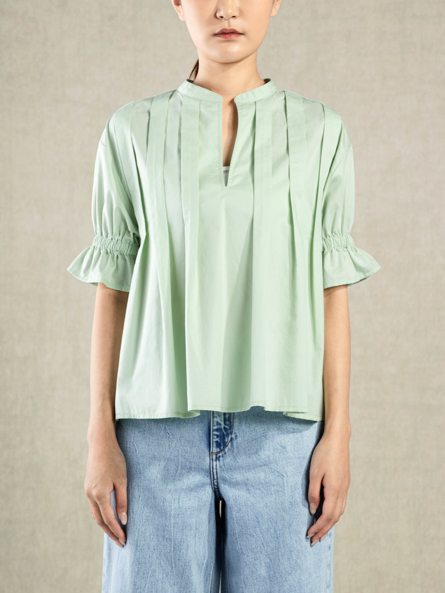 Pleated V-neck SS Blouse Ocean Wave
