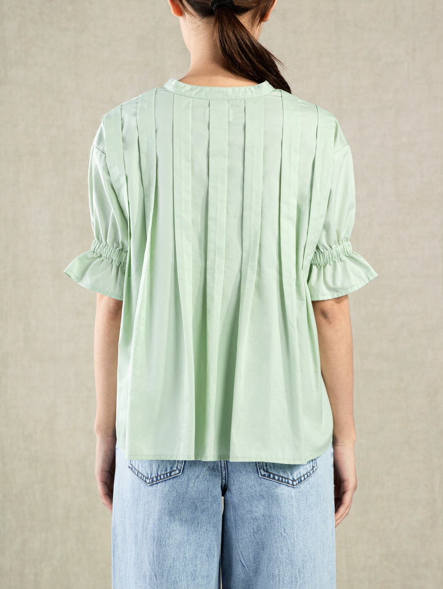 Pleated V-neck SS Blouse Ocean Wave