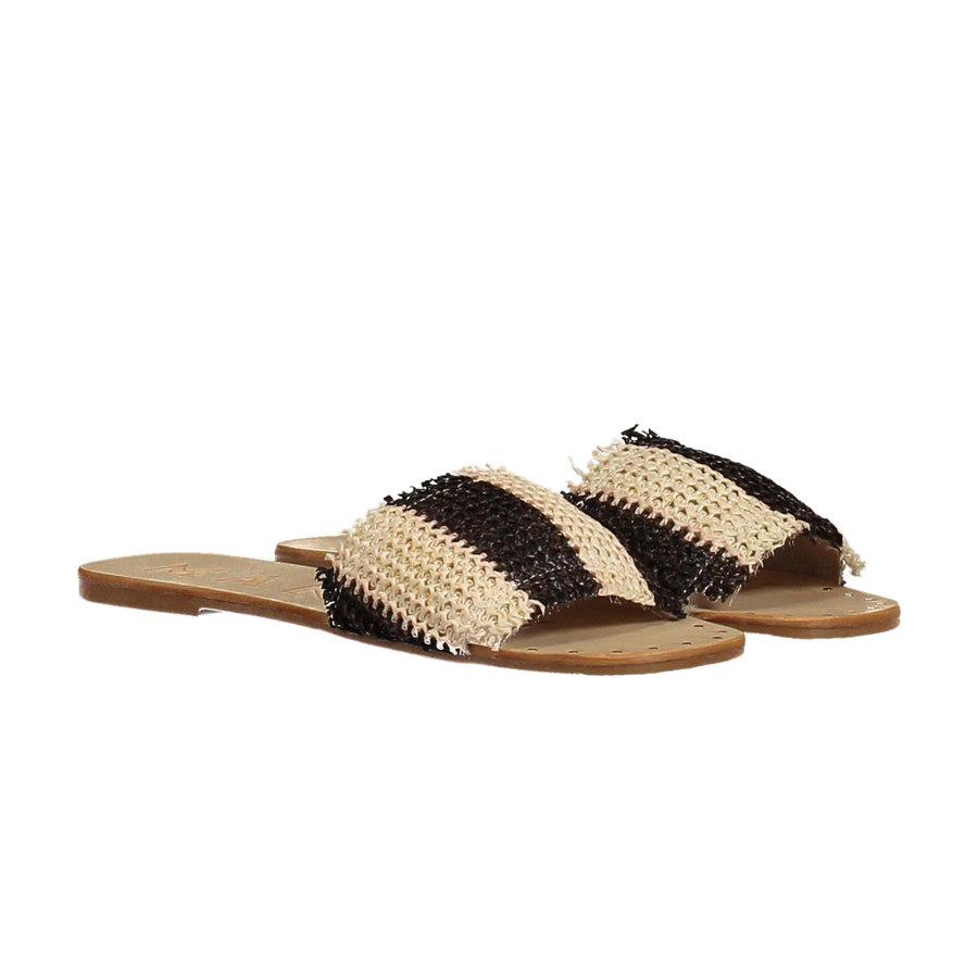 Leather Sandals Yucatan Cream Black Striped Raffia