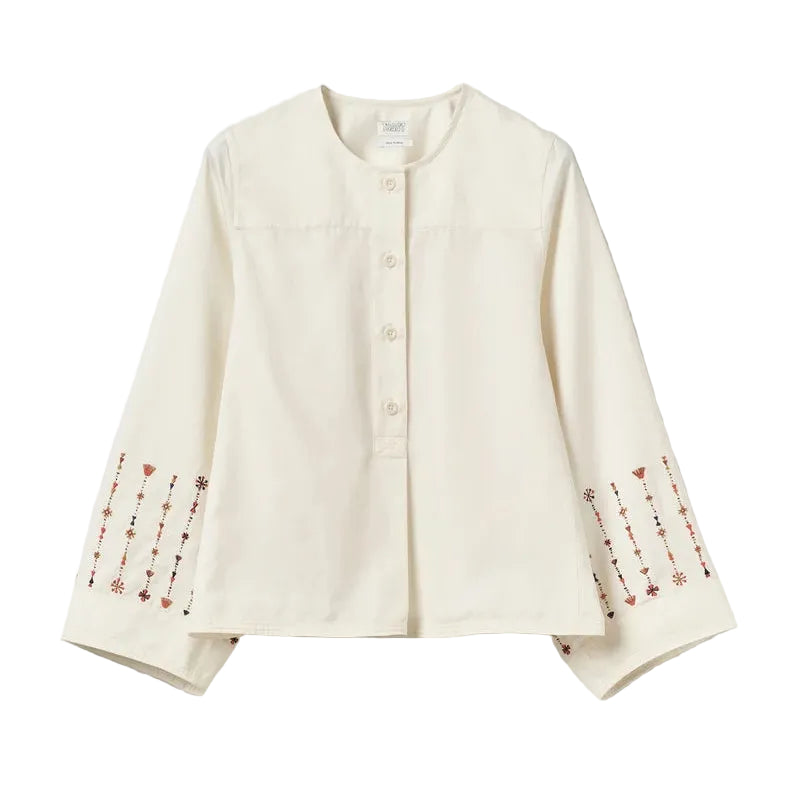 Embroidered Sleeve Cotton Satin Top