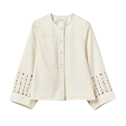 Embroidered Sleeve Cotton Satin Top
