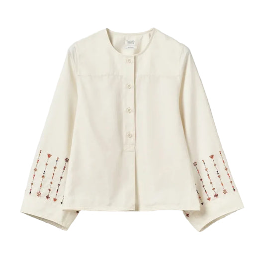 Embroidered Sleeve Cotton Satin Top