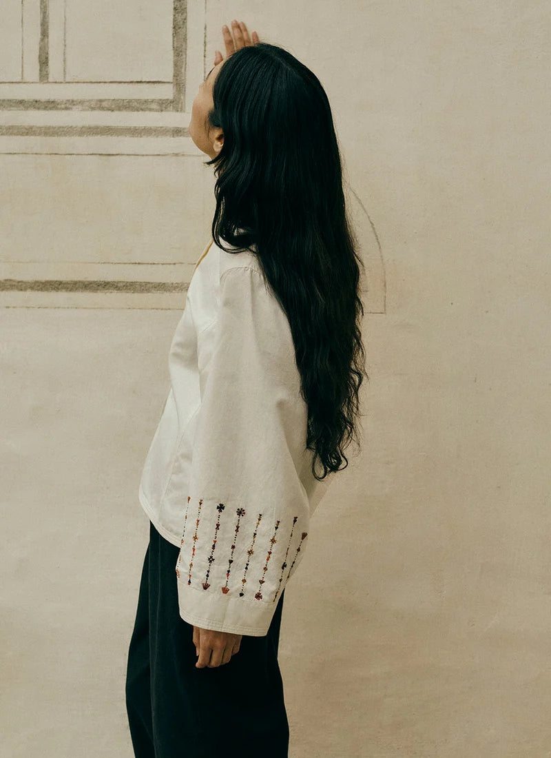Embroidered Sleeve Cotton Satin Top