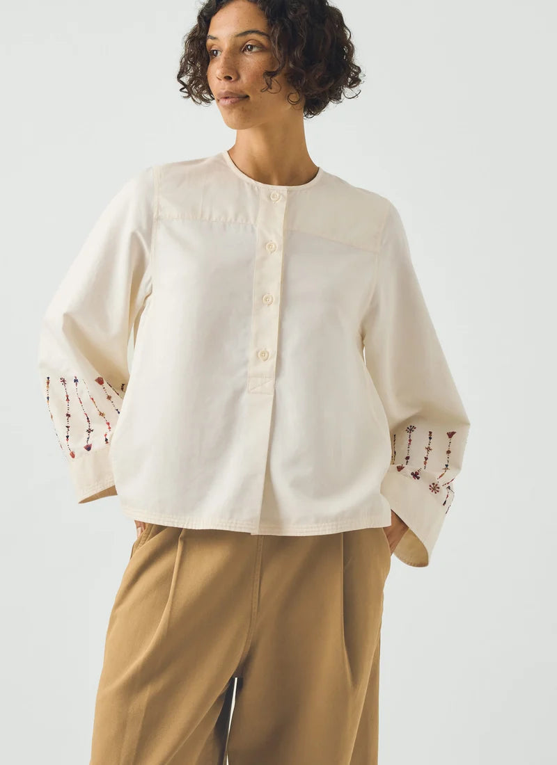 Embroidered Sleeve Cotton Satin Top