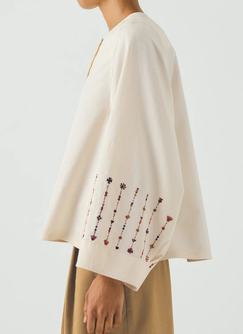 Embroidered Sleeve Cotton Satin Top