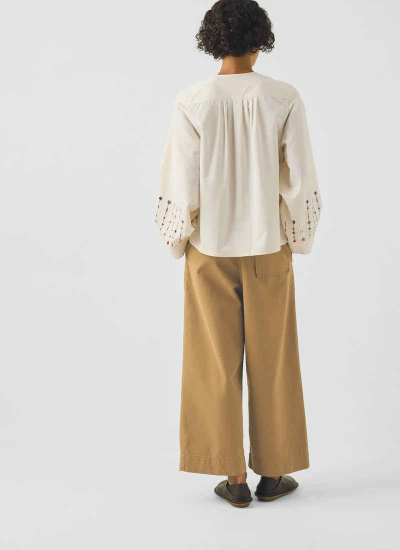 Embroidered Sleeve Cotton Satin Top