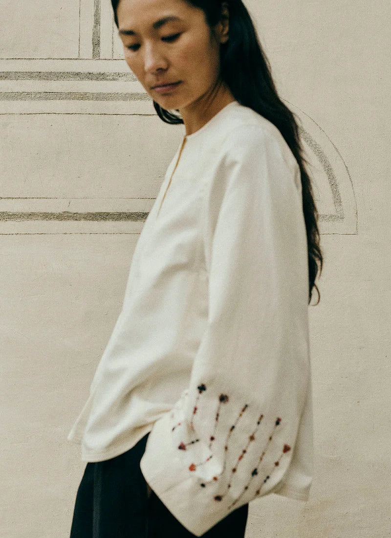 Embroidered Sleeve Cotton Satin Top