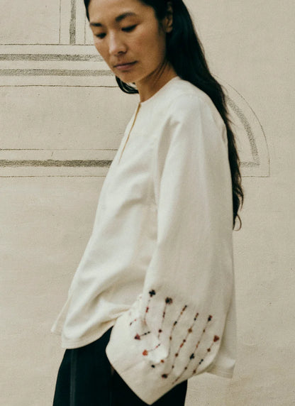 Embroidered Sleeve Cotton Satin Top