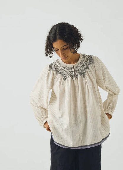 Smocked Neck Cotton Silk Mulmul Top