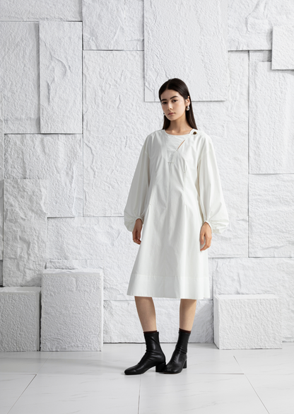 Balloon-Sleeve Overlap Dress