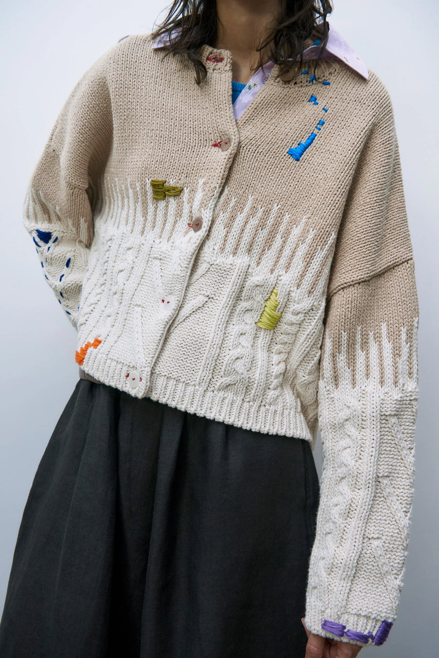 Cotton Embroidered Cardigan Beige Multi
