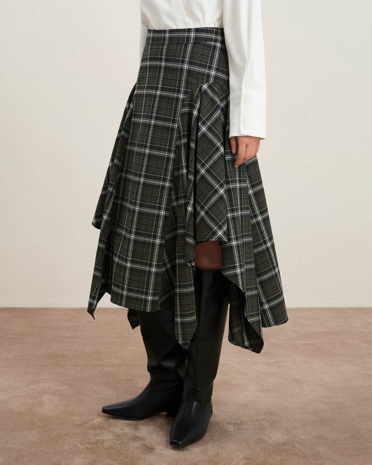 Plaid Asymmetric Drape Skirt