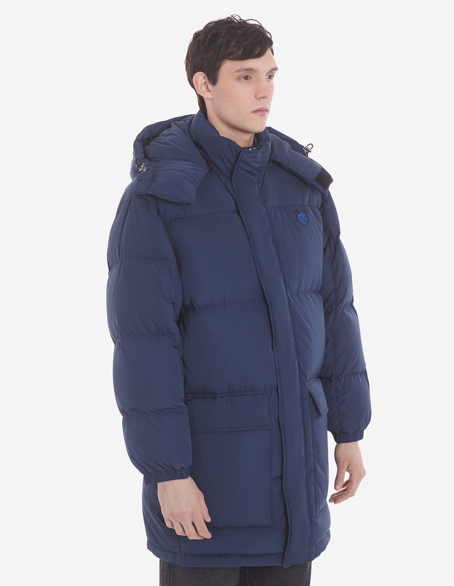 Hooded Long Puffer In Nylon With Bold Fox Head Patch Ink Blue (men)