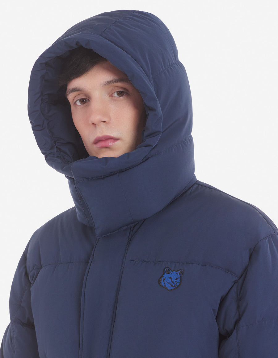 Hooded Long Puffer In Nylon With Bold Fox Head Patch Ink Blue (men)